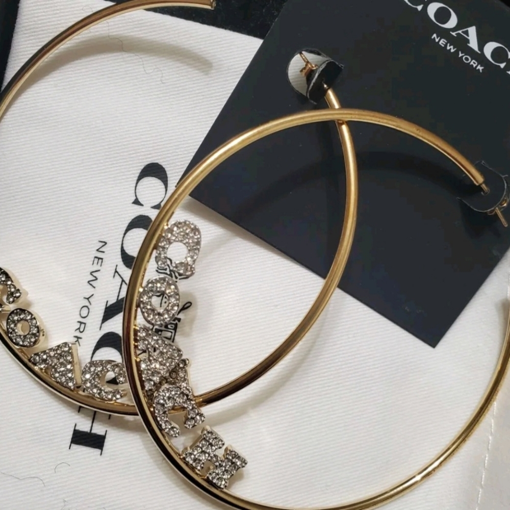 Coach Medium Gold Hoop Earrings with Crystal Accent/NWT